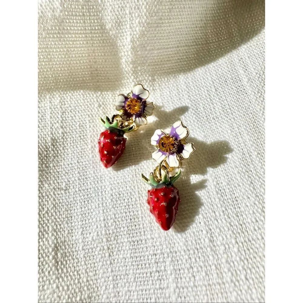 Strawberry Blossom Dangle Earrings Floral Cottagecore Coquette Cute
